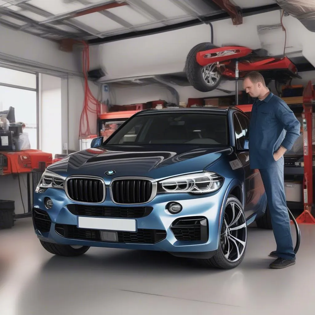 Mechanic diagnosing a BMW X5 using an OBD2 scanner