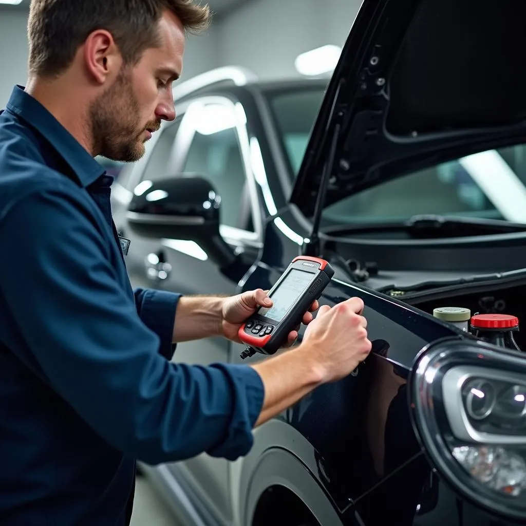 Mechanic Using OBD2 Scanner in Garage