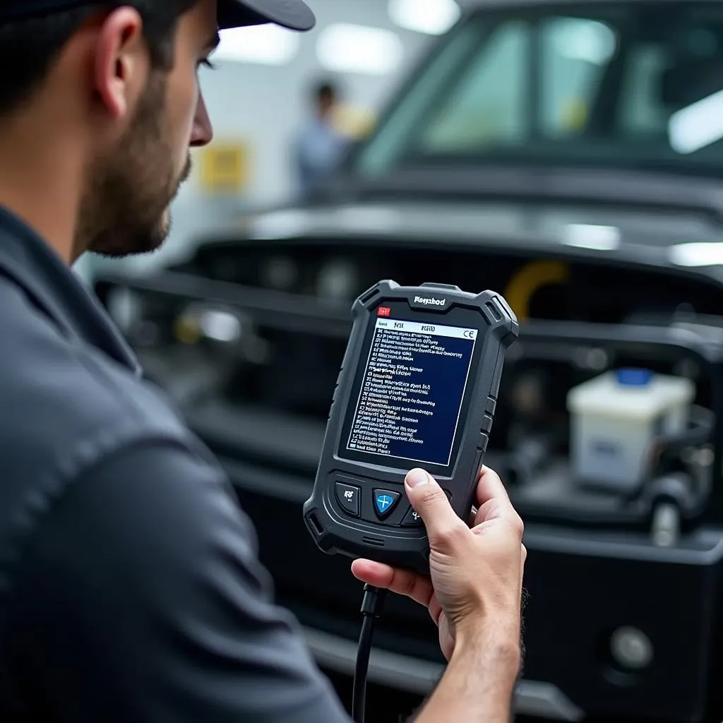 Mechanic Using OBD2 Scanner on Car