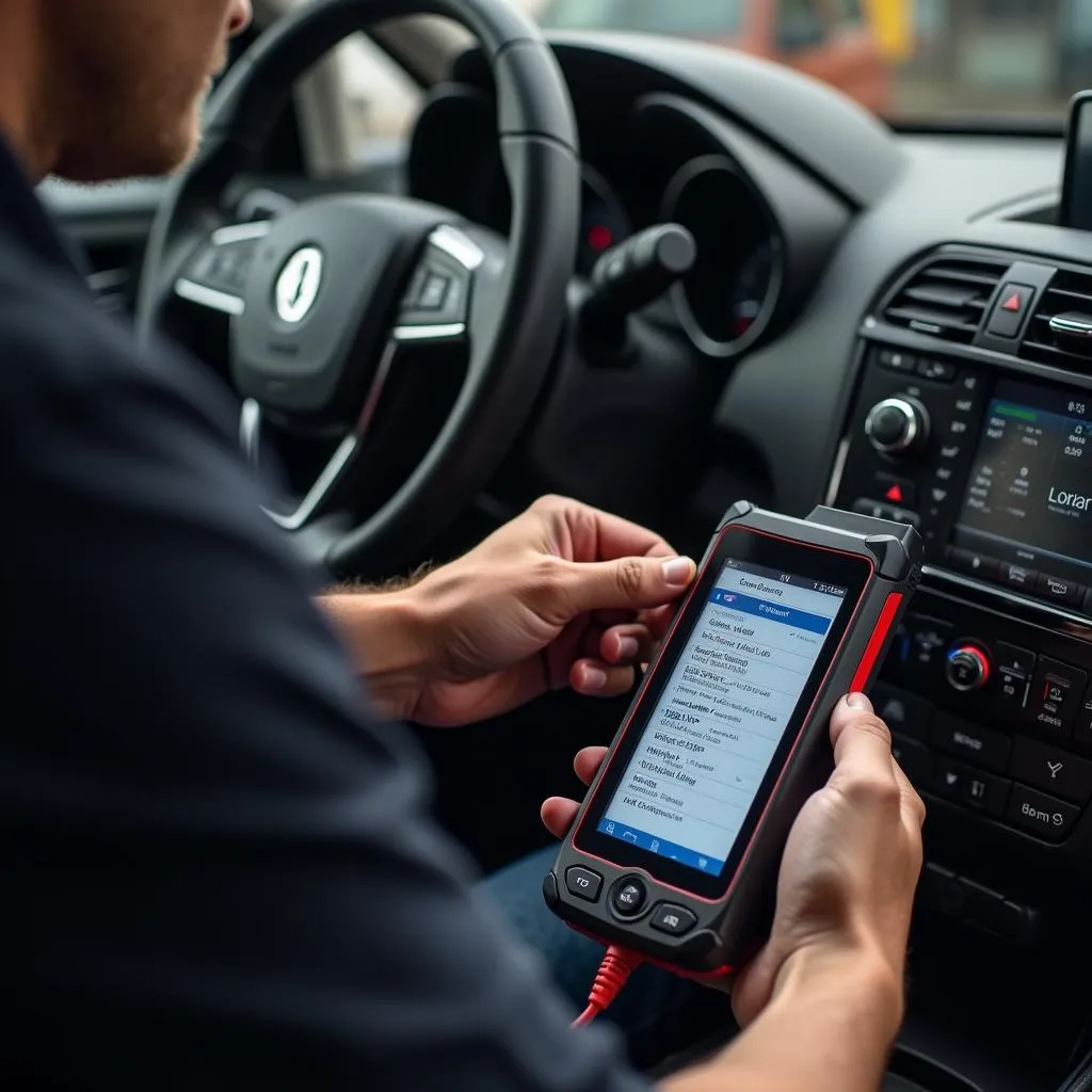 Mechanic Using OBD2 Scanner on Car