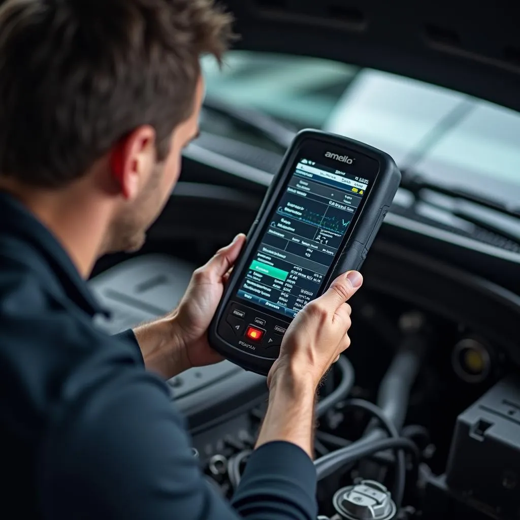 Mechanic Using Advanced OBD2 Scanner on a Vehicle