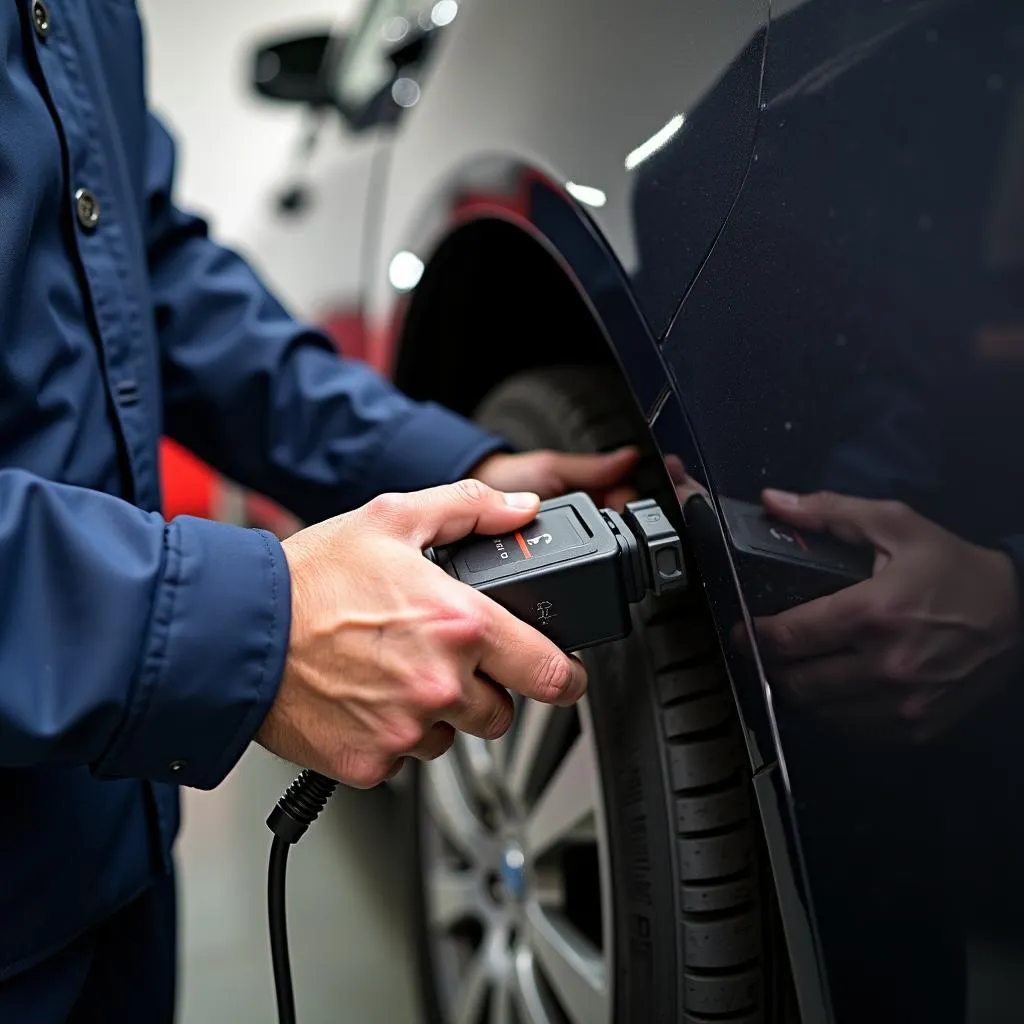 Mechanic Using OBD2 Scanner on Car