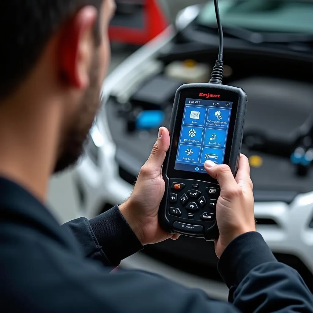 Mechanic Diagnosing Car with OBD2 Scanner