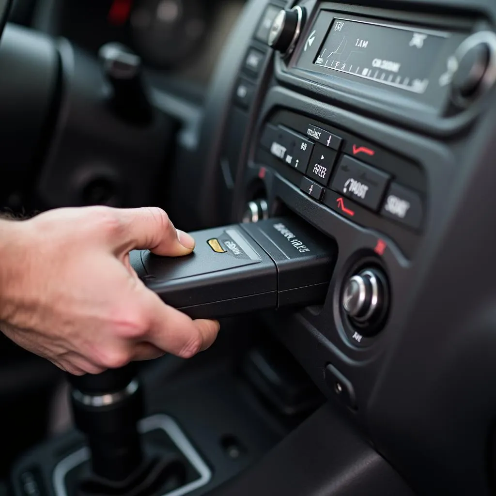 Mechanic plugging in an OBD2 scanner to a car's OBD2 port.