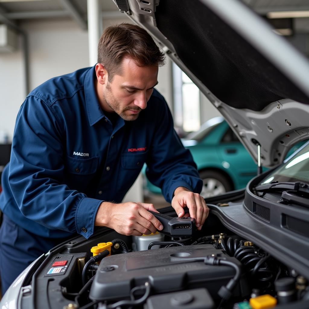 Mechanic Using an OBD2 Scanner on a Car