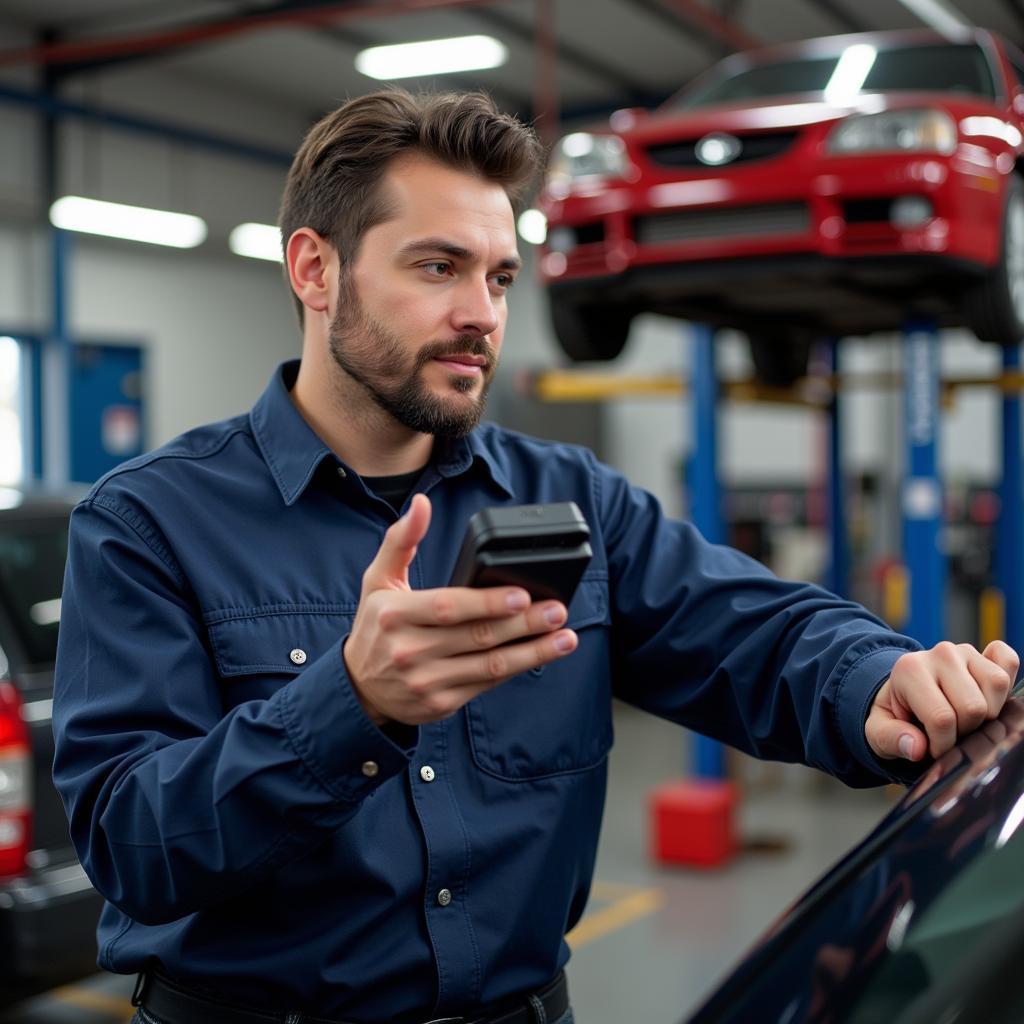 Mechanic Diagnosing Car with OBD2 Scanner