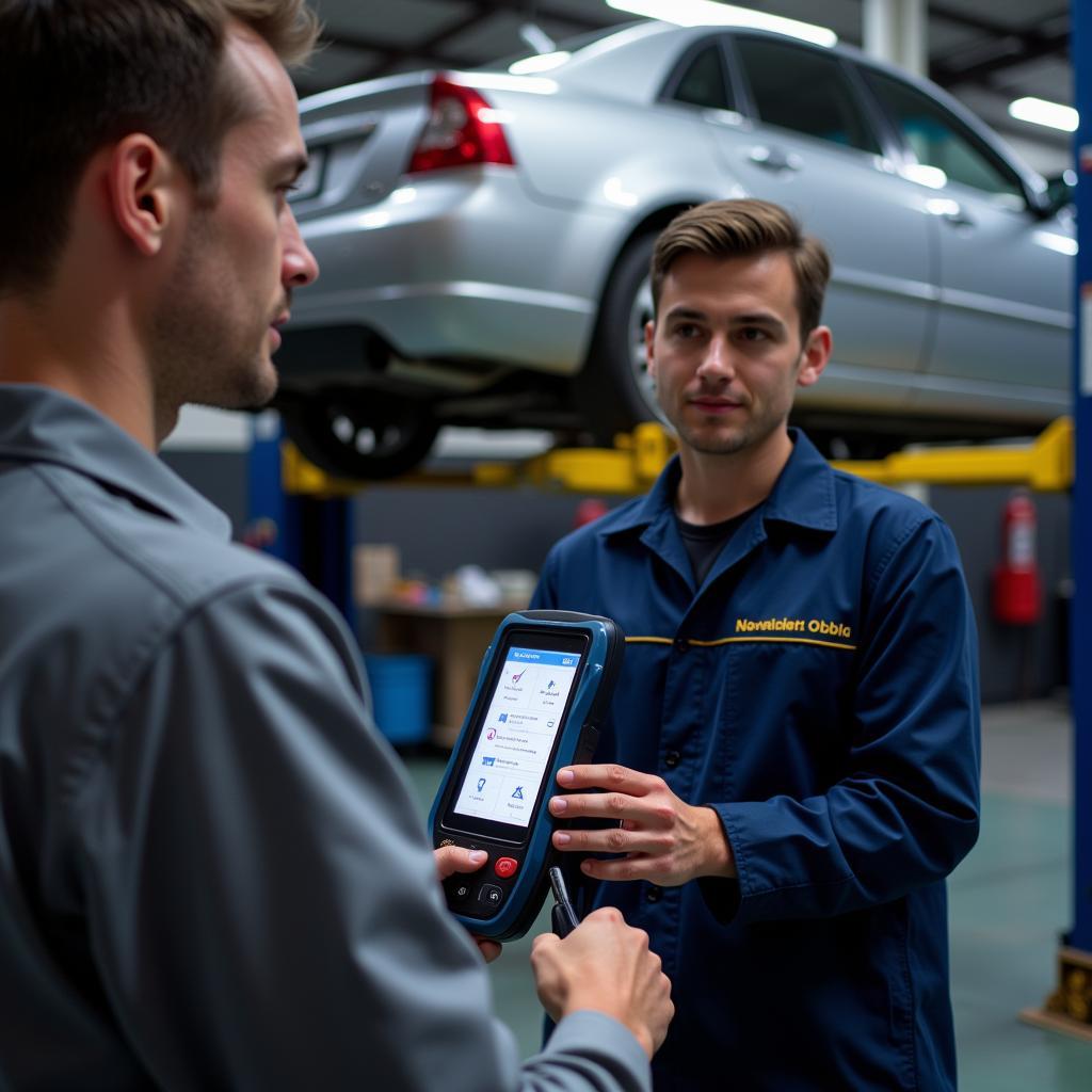 Mechanic Using OBD2 Scanner on Car