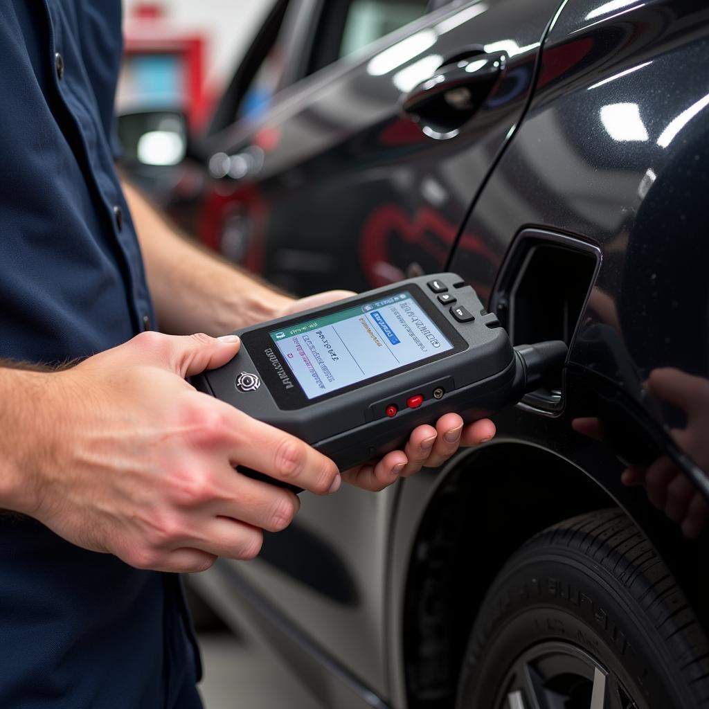 Mechanic Using OBD2 Scanner on Car