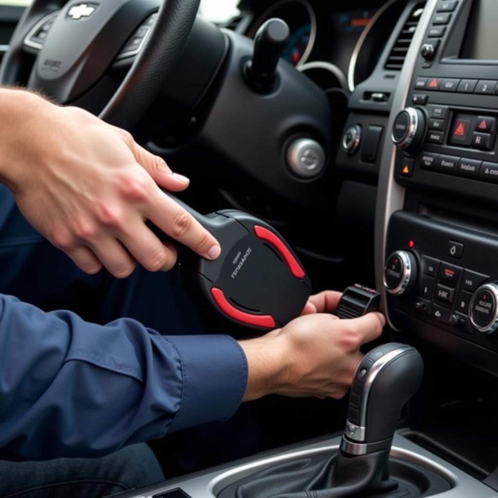 Mechanic plugging an OBD2 scanner into a car's port