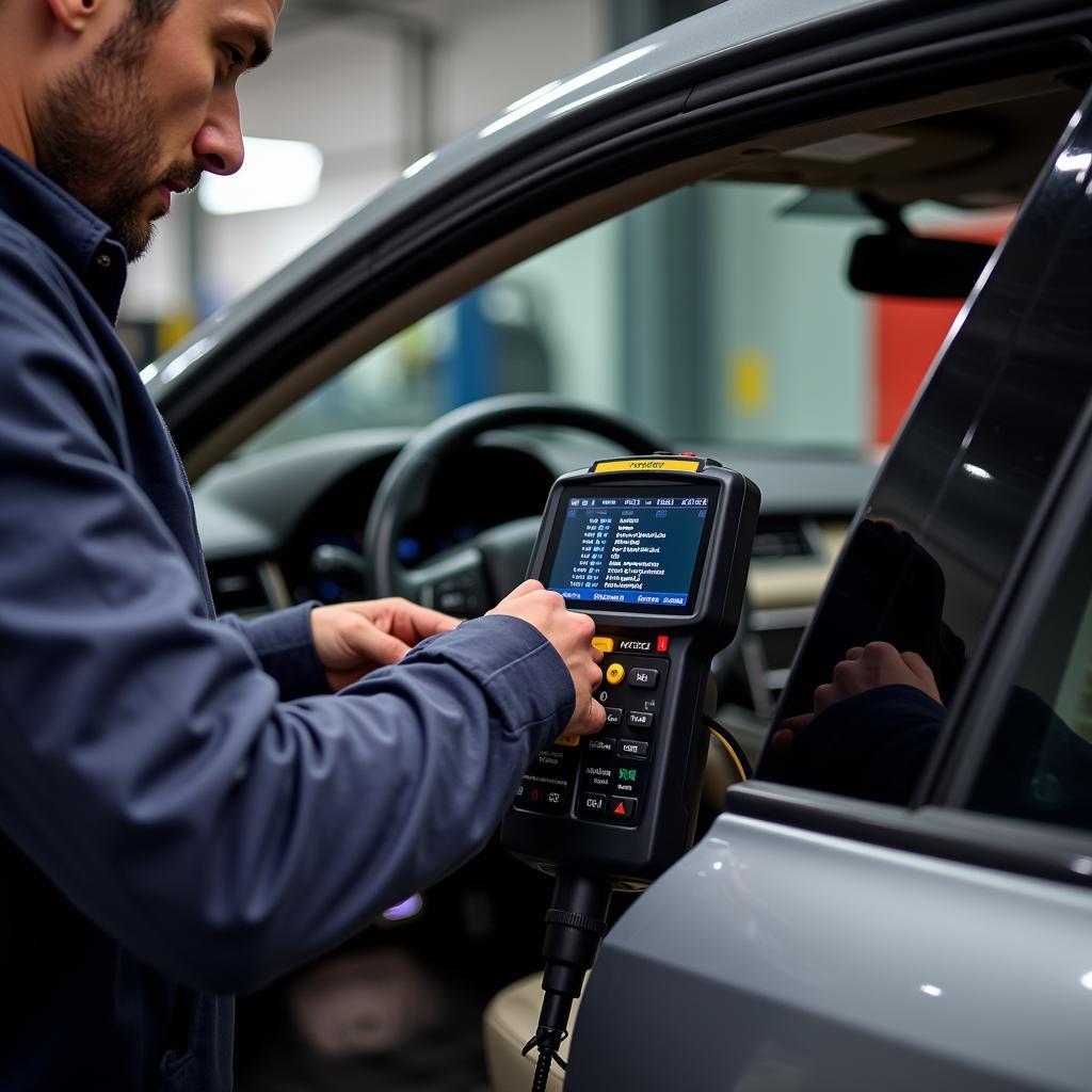 Mechanic Using OBD2 Scanner on Car