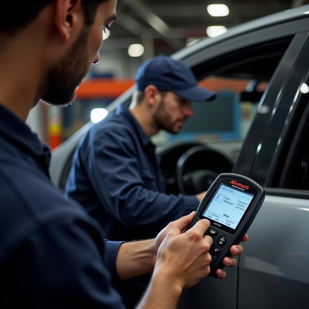 Mechanic Using OBD2 Scanner on Car