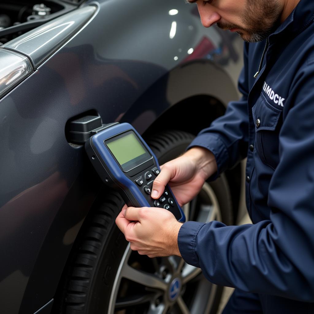 Mechanic Using OBD2 Scanner on Car