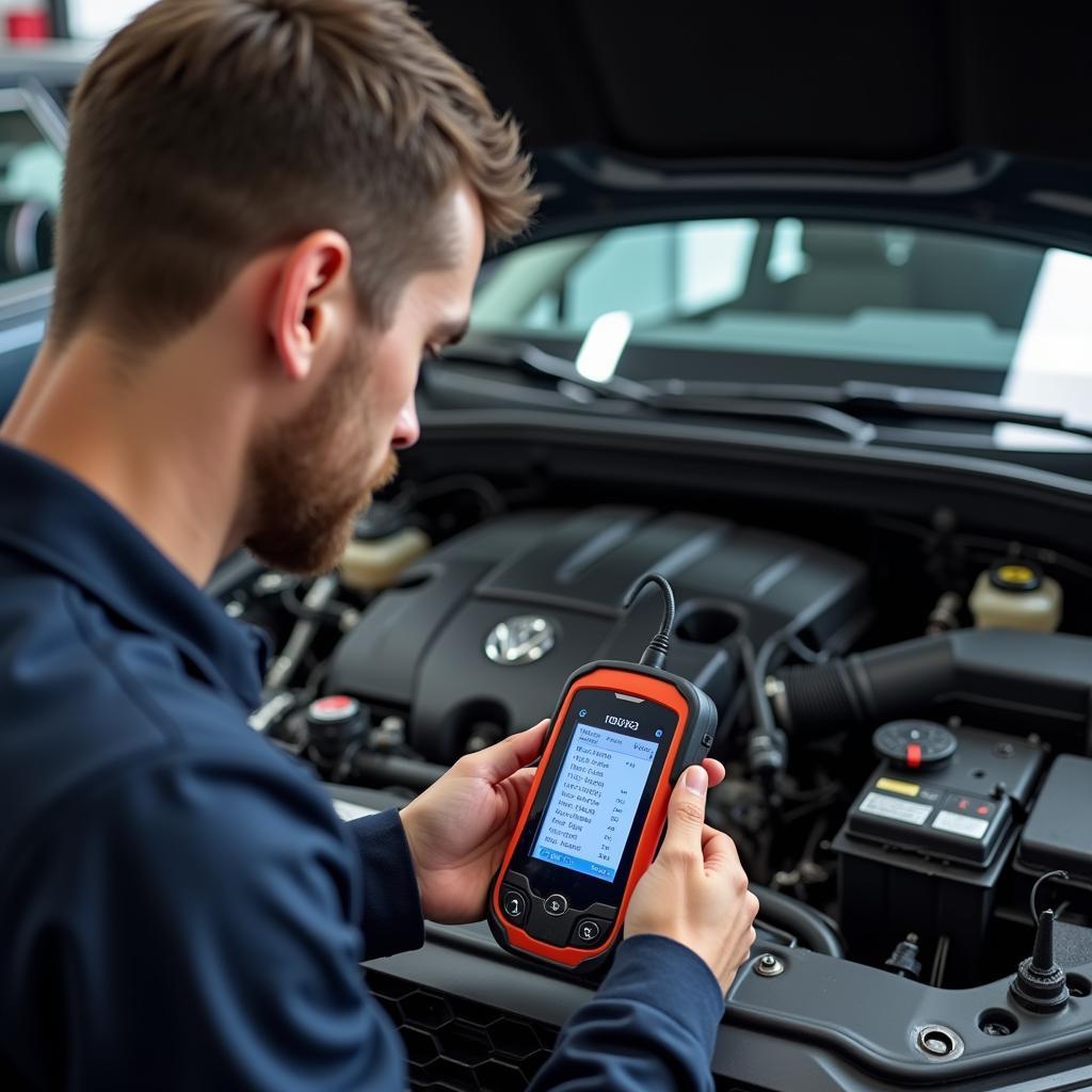 Mechanic Using OBD2 Scanner on Car