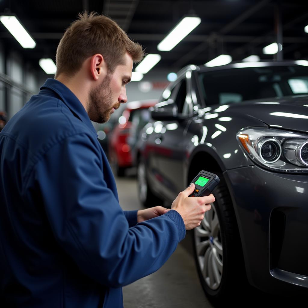 Mechanic Using OBD2 Scanner on Car