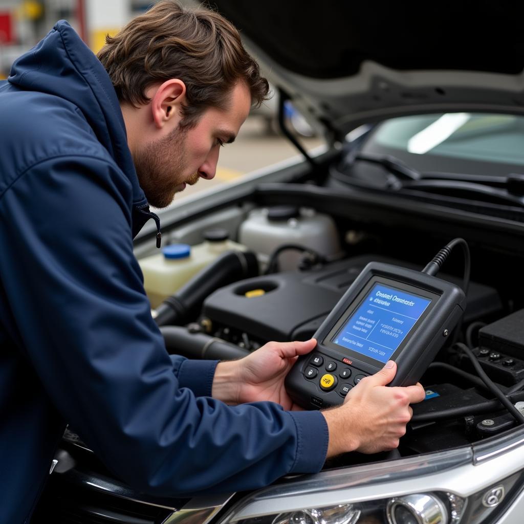 Mechanic Diagnosing a Car with an OBD2 Scanner