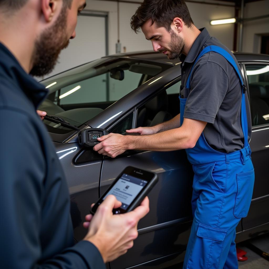 Mechanic utilizing an OBD2 scanner on a car in a garage.