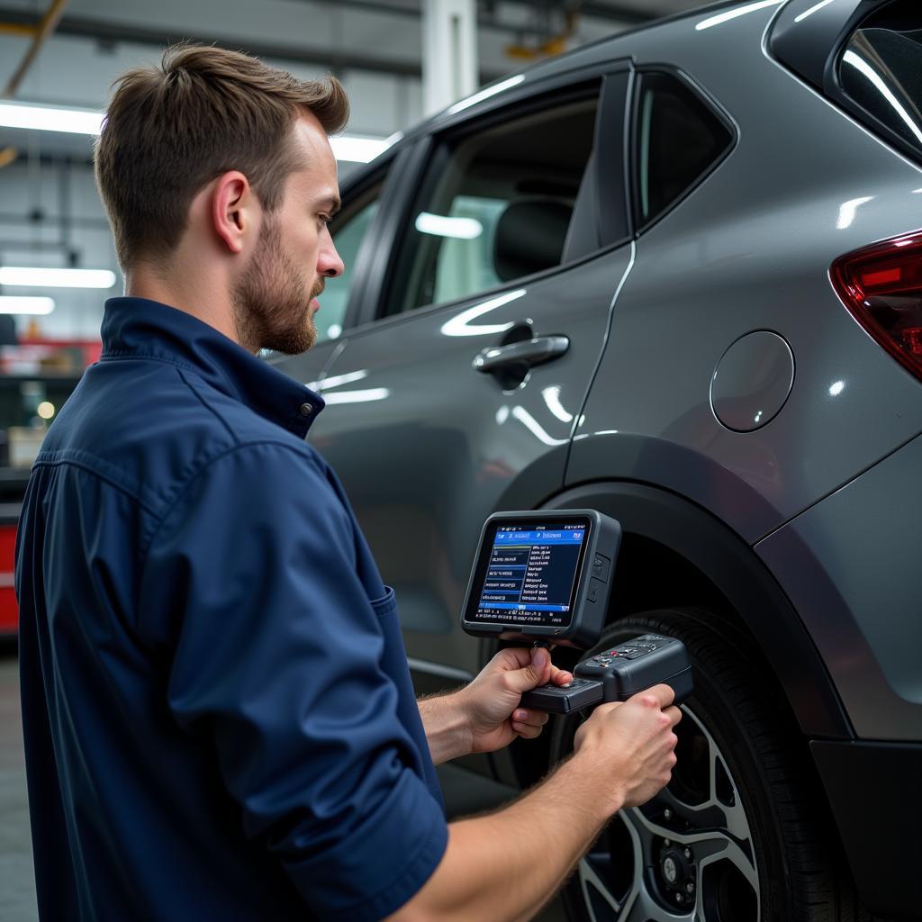 Mechanic using an OBD2 scanner on a car