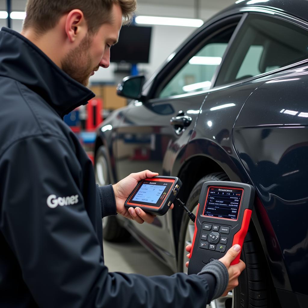 Mechanic using a modern OBD2 scanner on a car