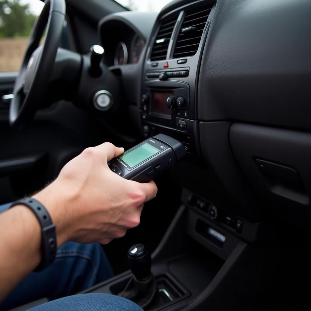 Mechanic using an OBD2 scanner on a car