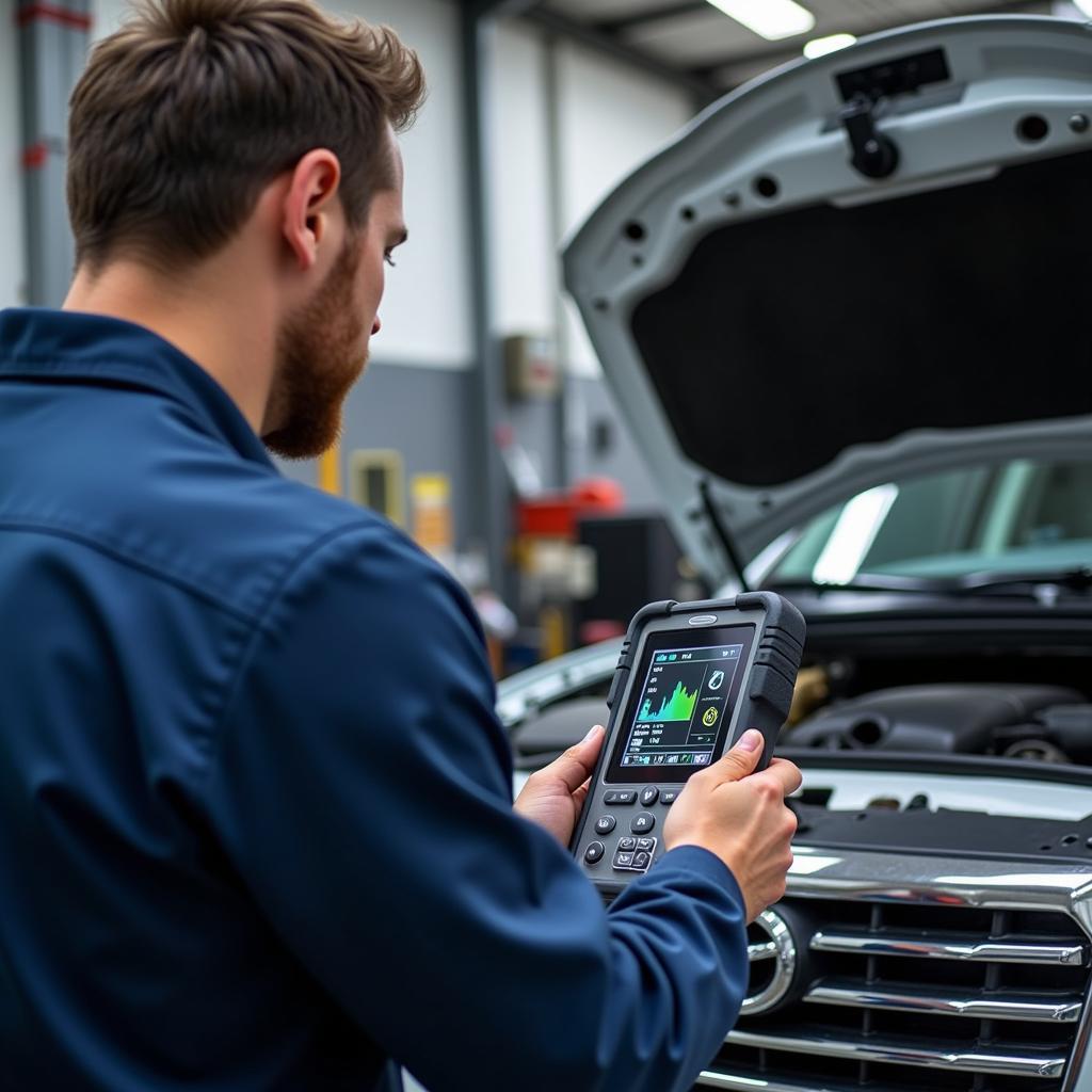 Mechanic Using OBD2 Scanner on Car