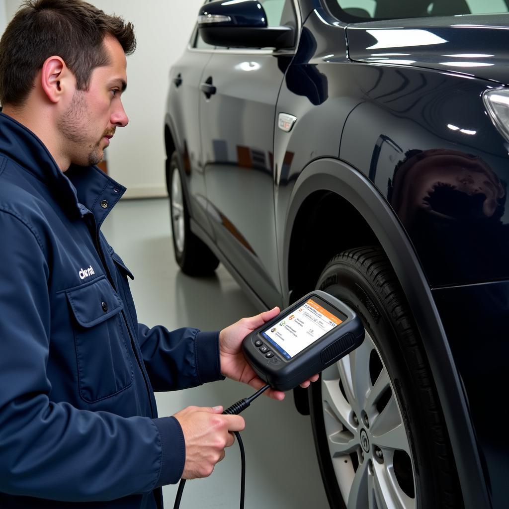 Mechanic using OBD2 scanner on a car to diagnose engine issues