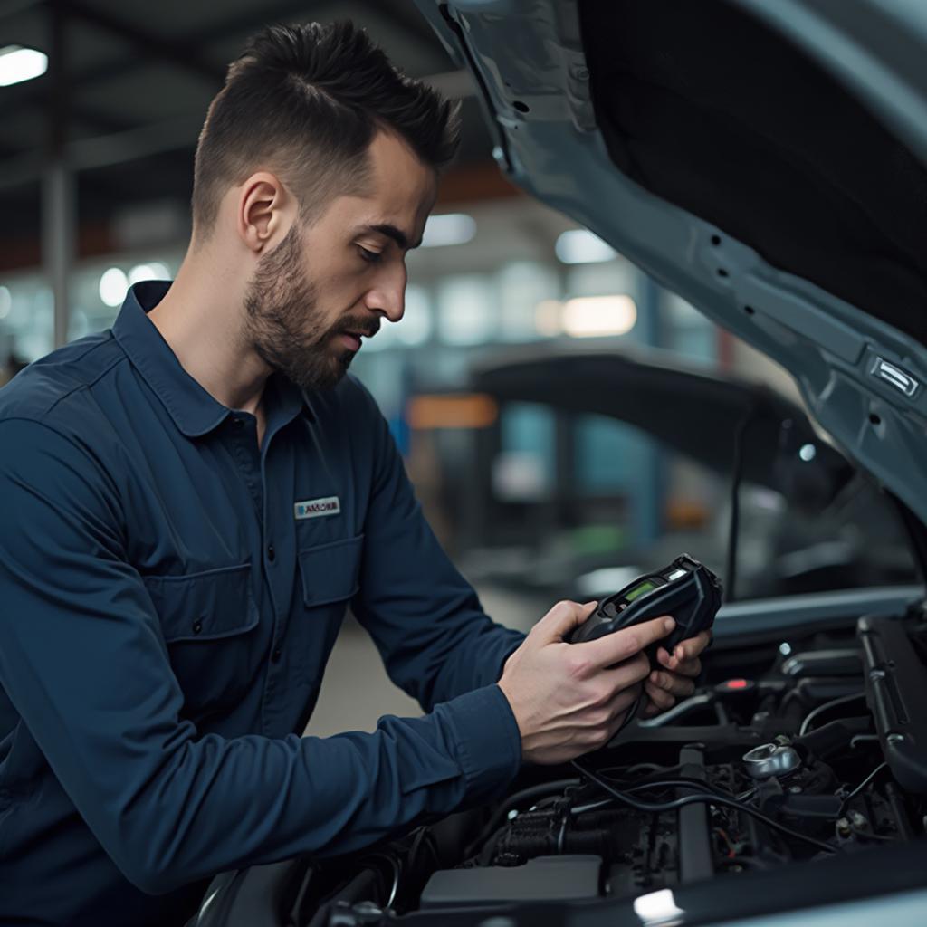 Mechanic Using OBD2 Scanner on Car