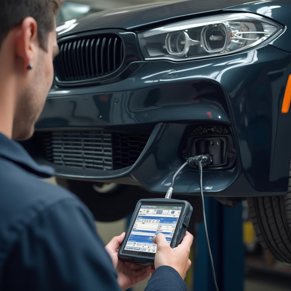 Mechanic Using OBD2 Scanner on Car