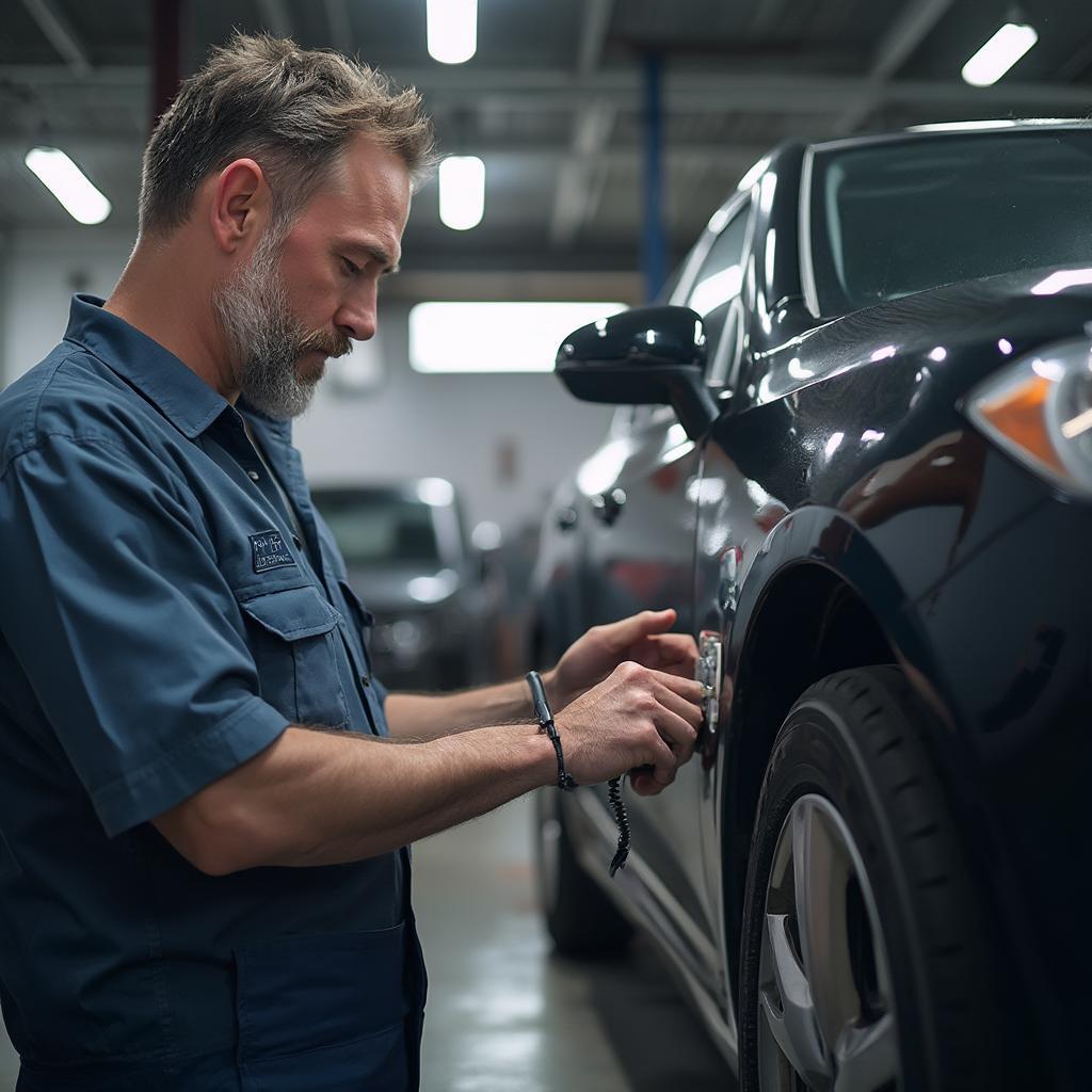 Mechanic using an OBD2 scanner on a car in a garage