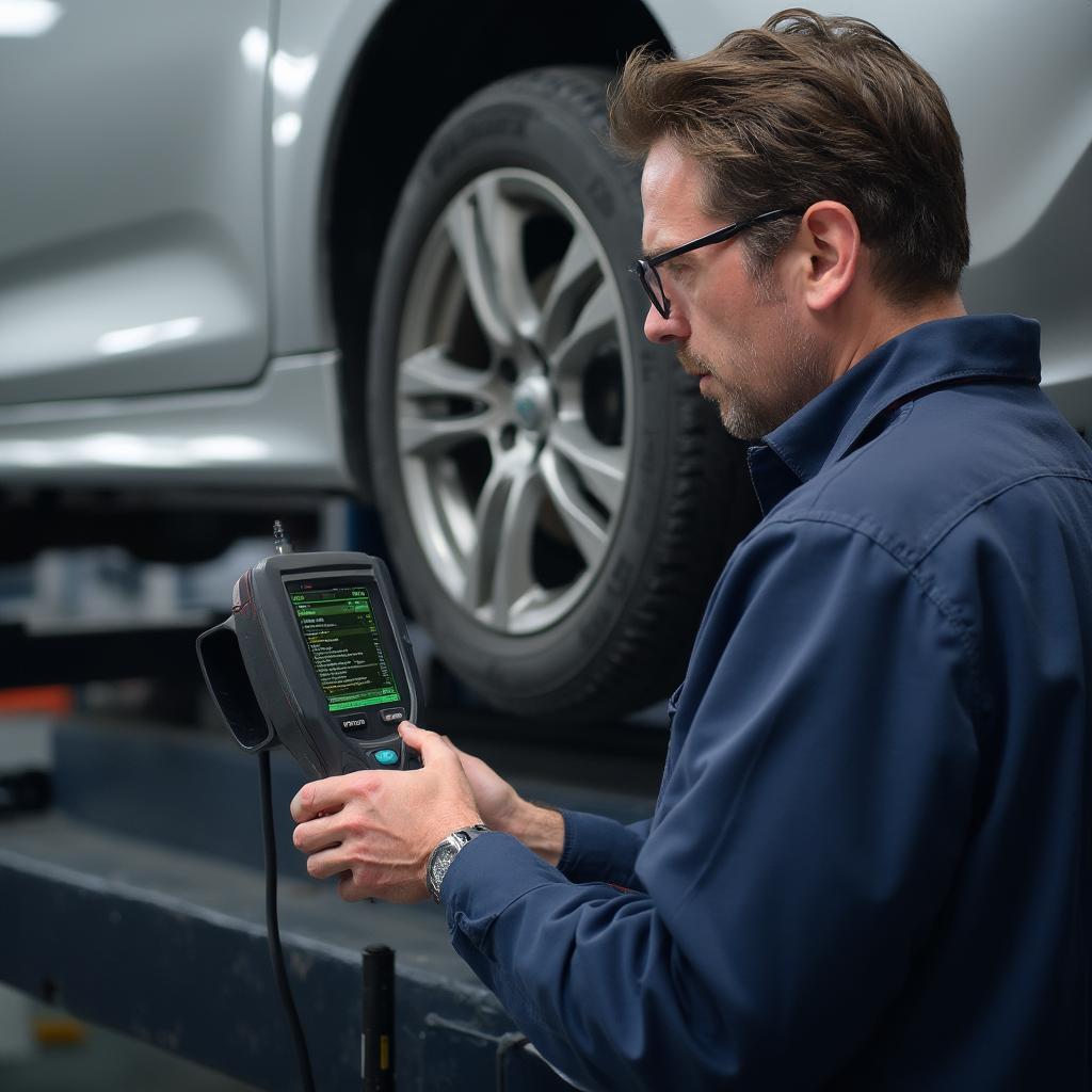 Mechanic Using OBD2 Scanner on Car in Auto Repair Shop