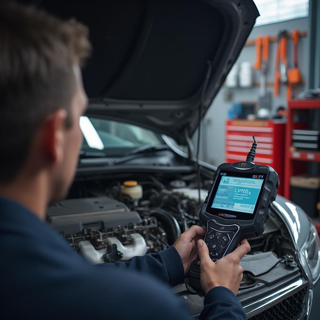 Mechanic Using OBD2 Scanner on Car