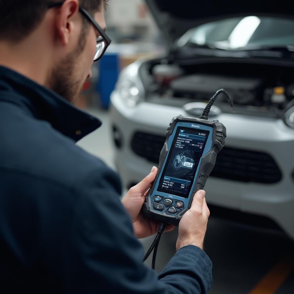 Mechanic Using an OBD2 Scanner on a Car