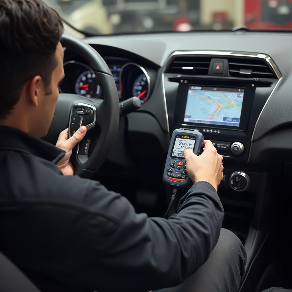 Mechanic Using OBD2 Scanner on Car