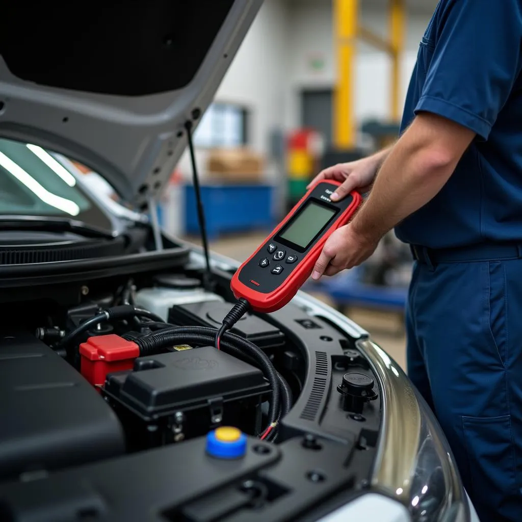 Mechanic Diagnosing Battery with OBD2 Scanner