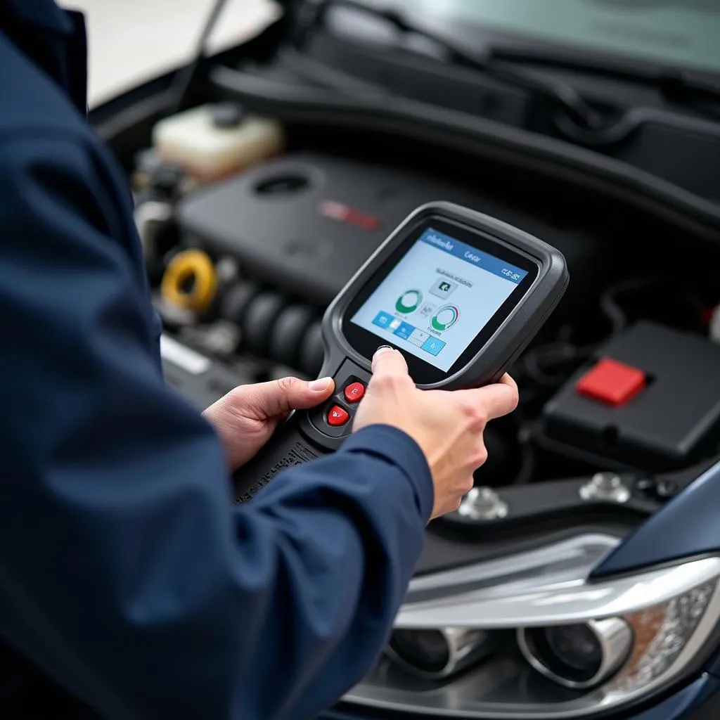 Mechanic using an OBD2 scanner on a car engine