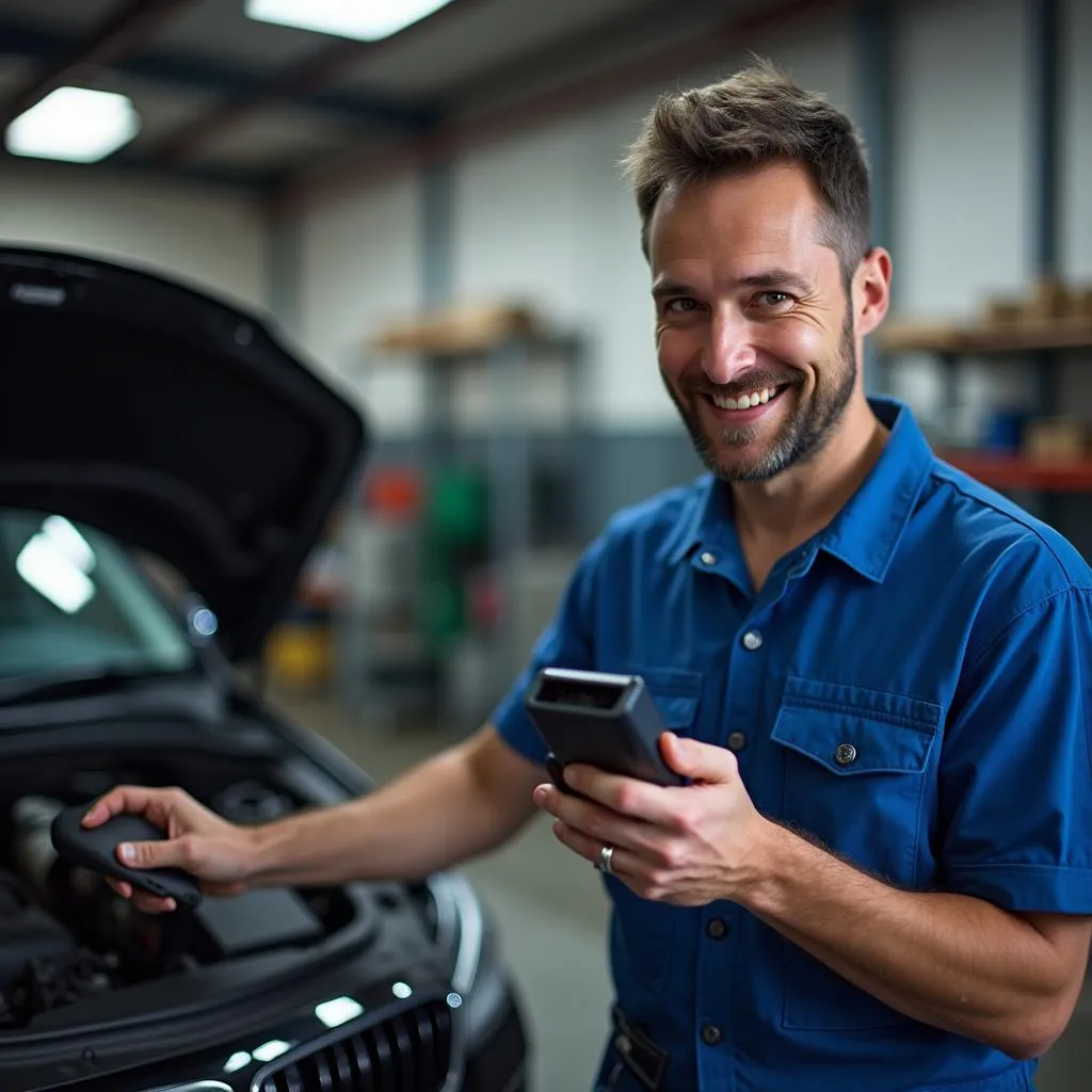 Mechanic diagnosing car with OBD2 scanner