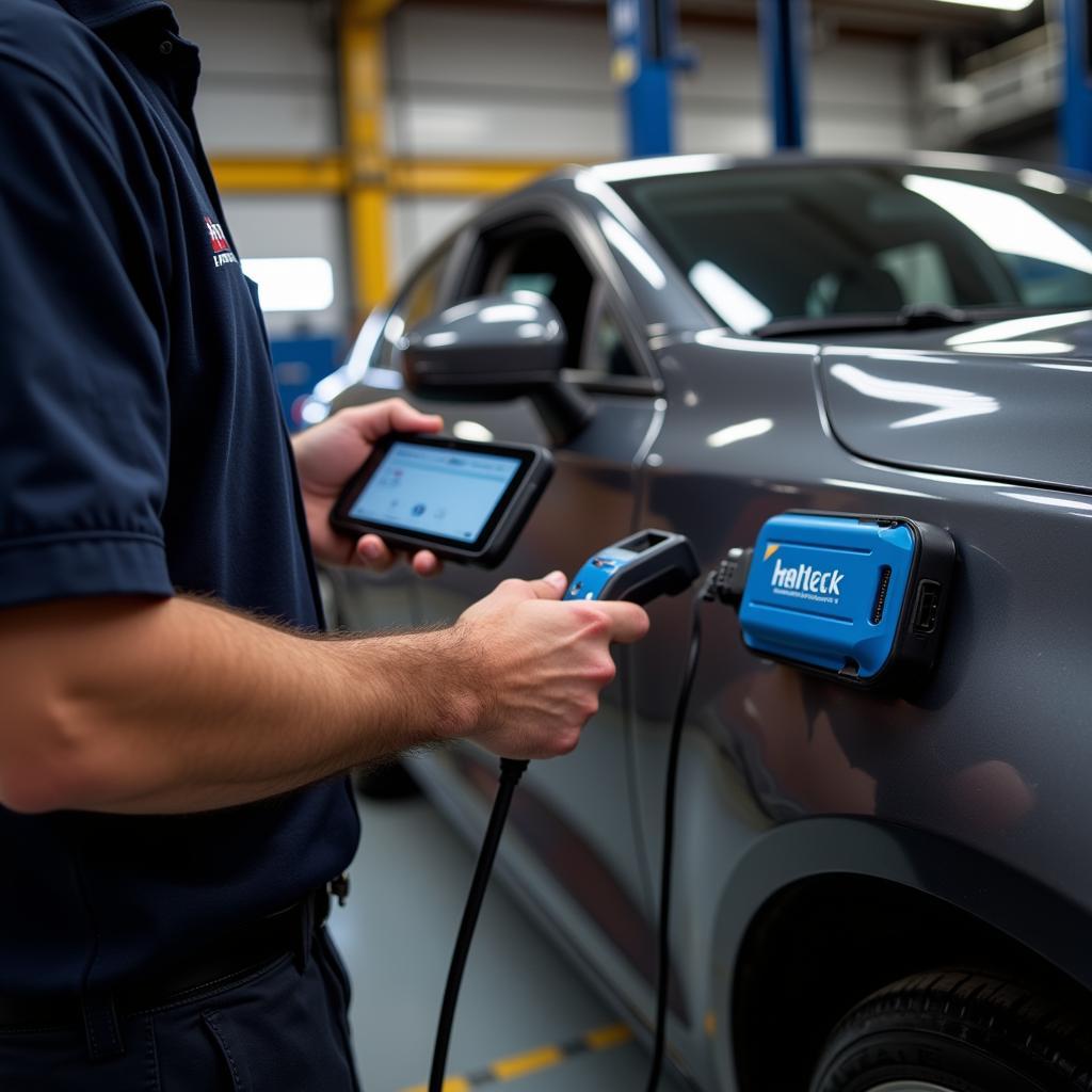 Mechanic Using OBD2 Scanner on Car with Haltech ECU