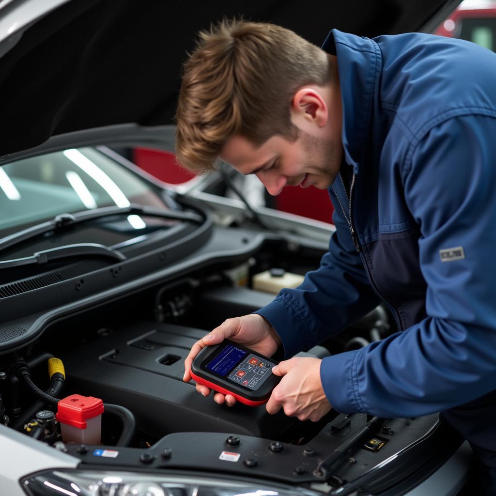 Mechanic Using OBD2 Scanner for Diagnostics