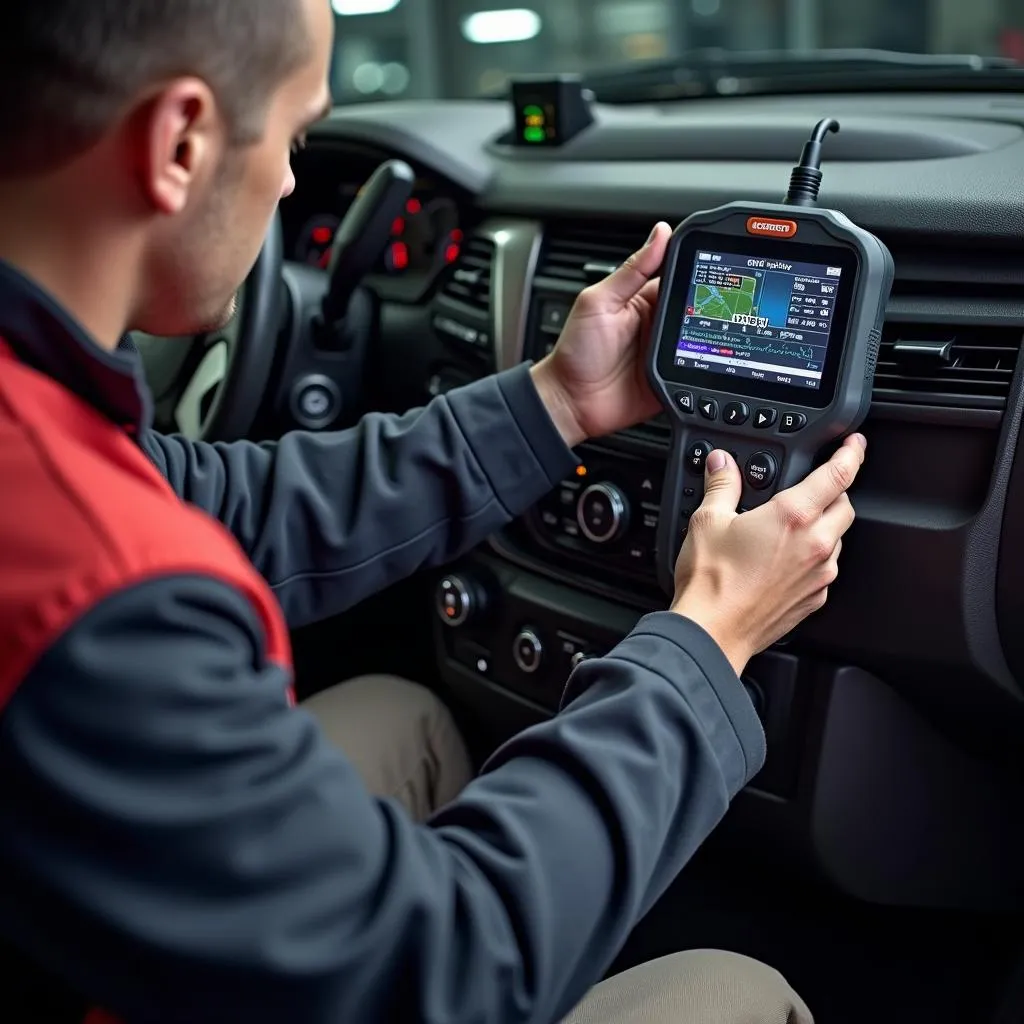 Mechanic Using OBD2 Scanner on Chevy Tahoe