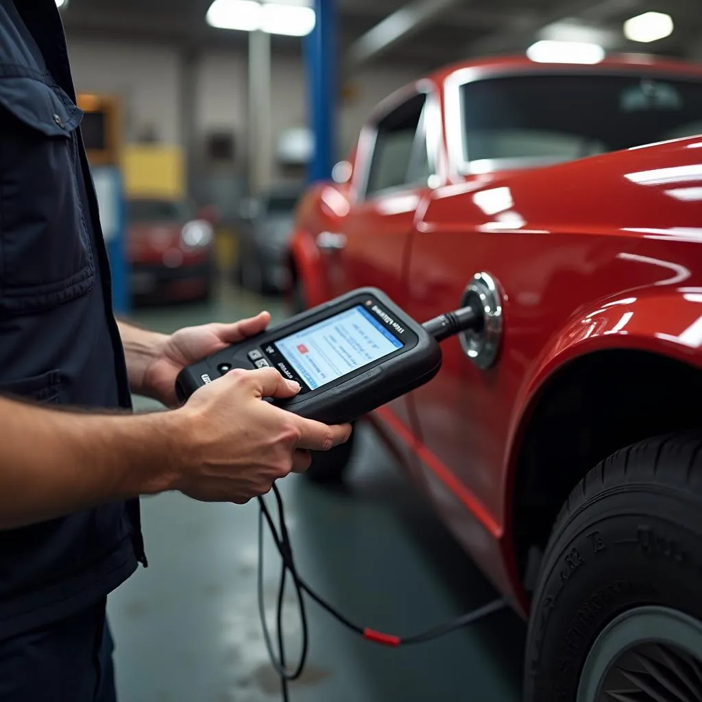 Mechanic using OBD2 scanner to diagnose classic car