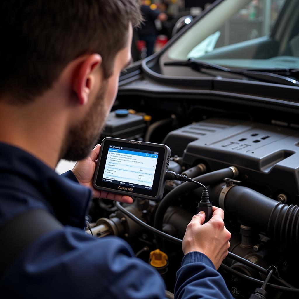 Mechanic Diagnosing Coyote 5.0 with OBD2 Scanner