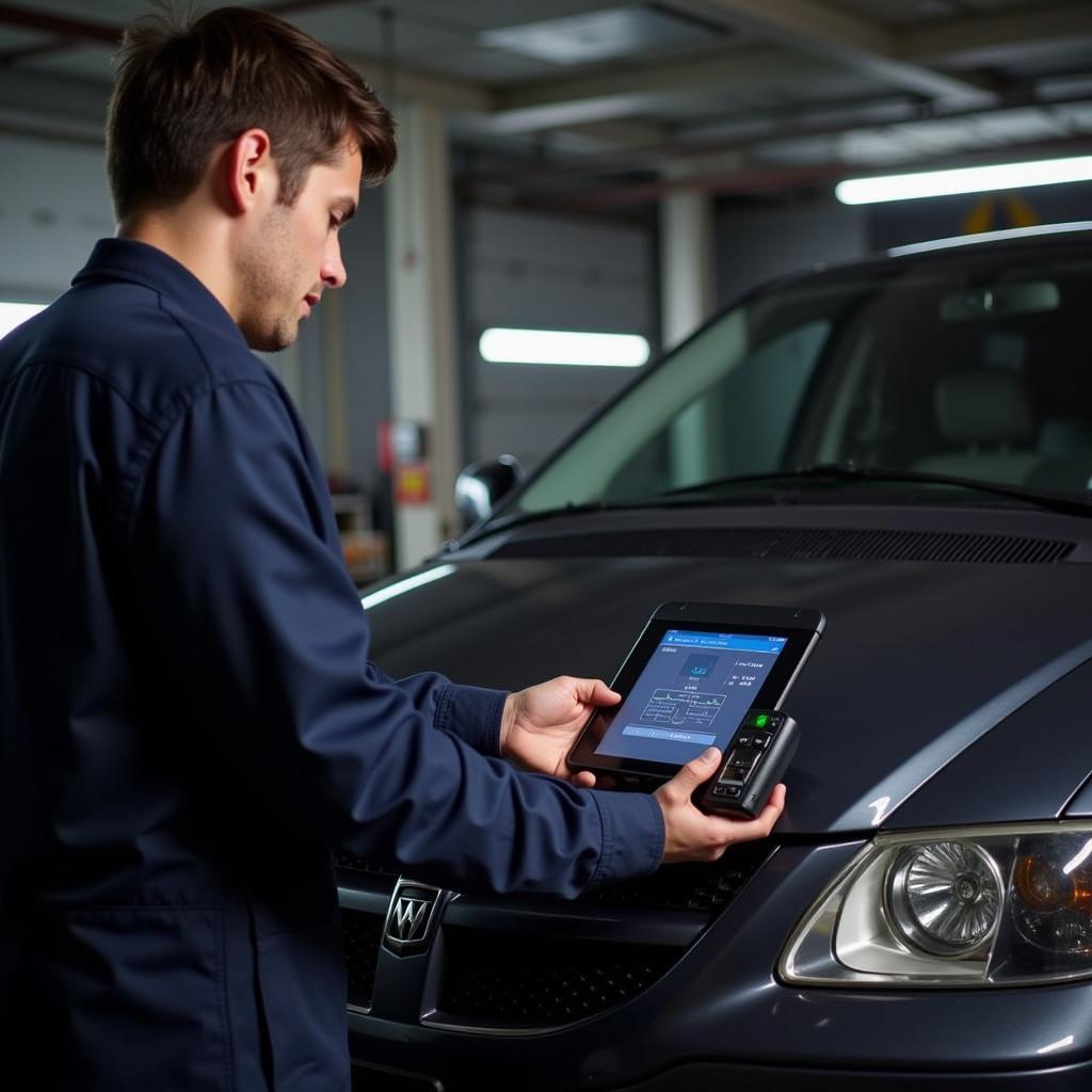 Mechanic Using OBD2 Scanner on Dodge Grand Caravan