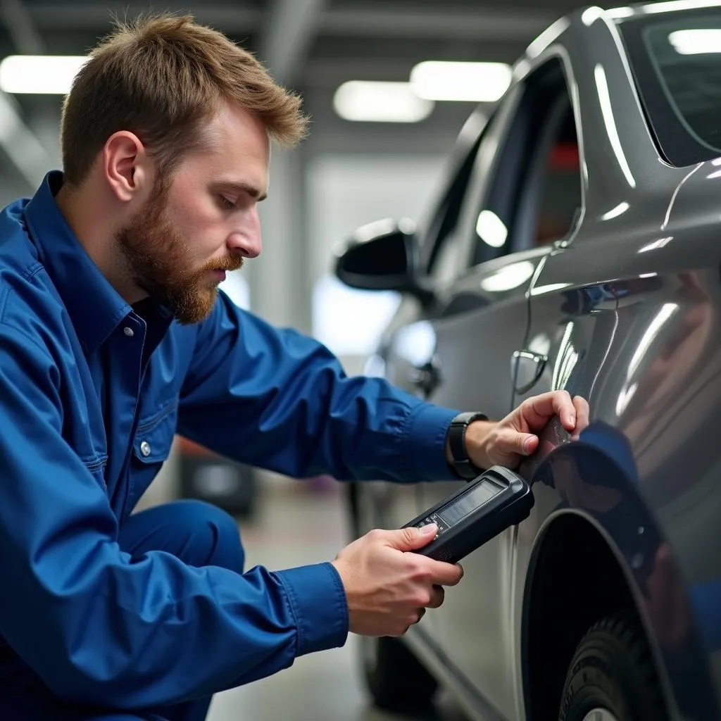 Mechanic using an OBD2 scanner on a Dr Prius in a garage