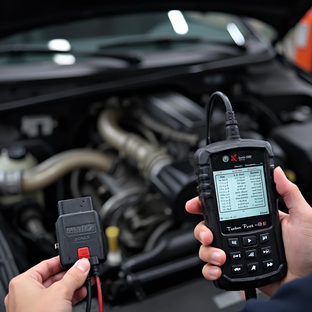 Mechanic Using OBD2 Scanner on an E30 Engine Bay