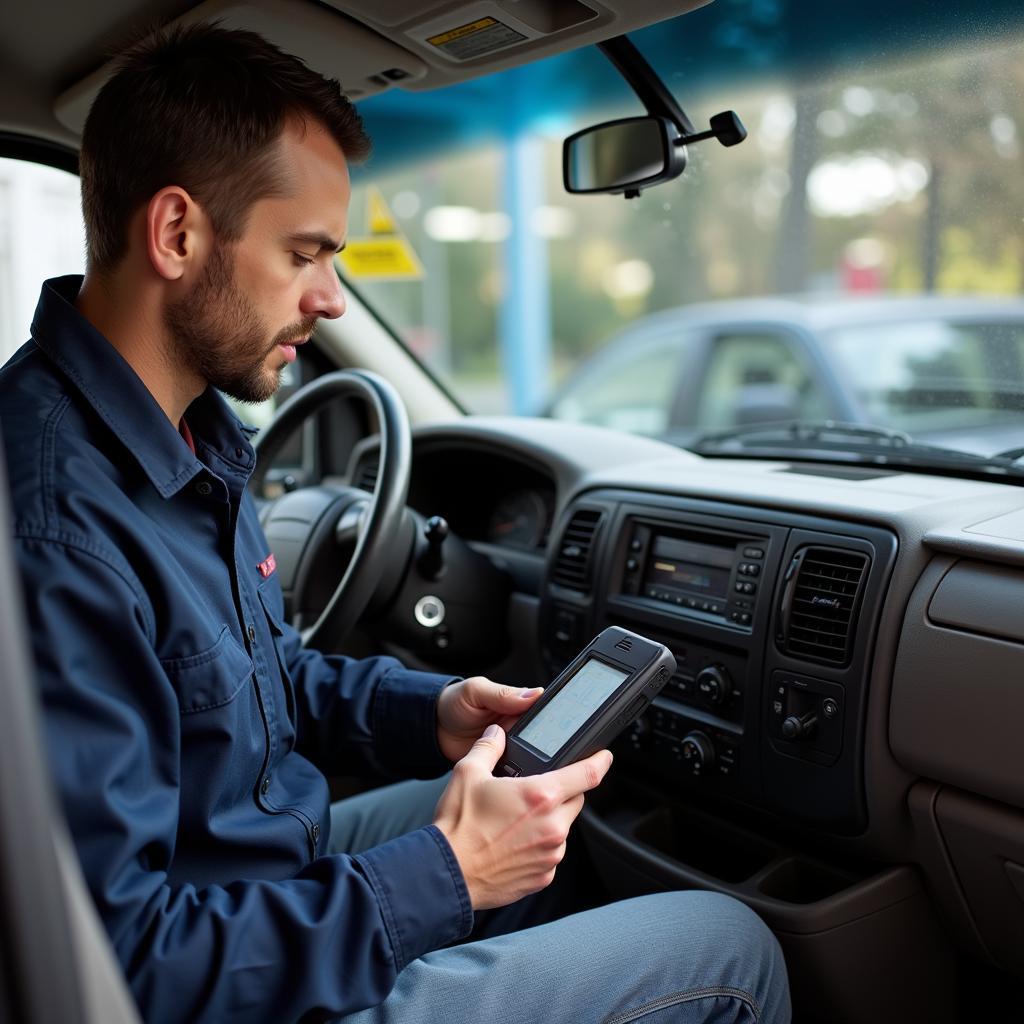 A mechanic using an OBD2 scanner to diagnose a 2003 Ford E350