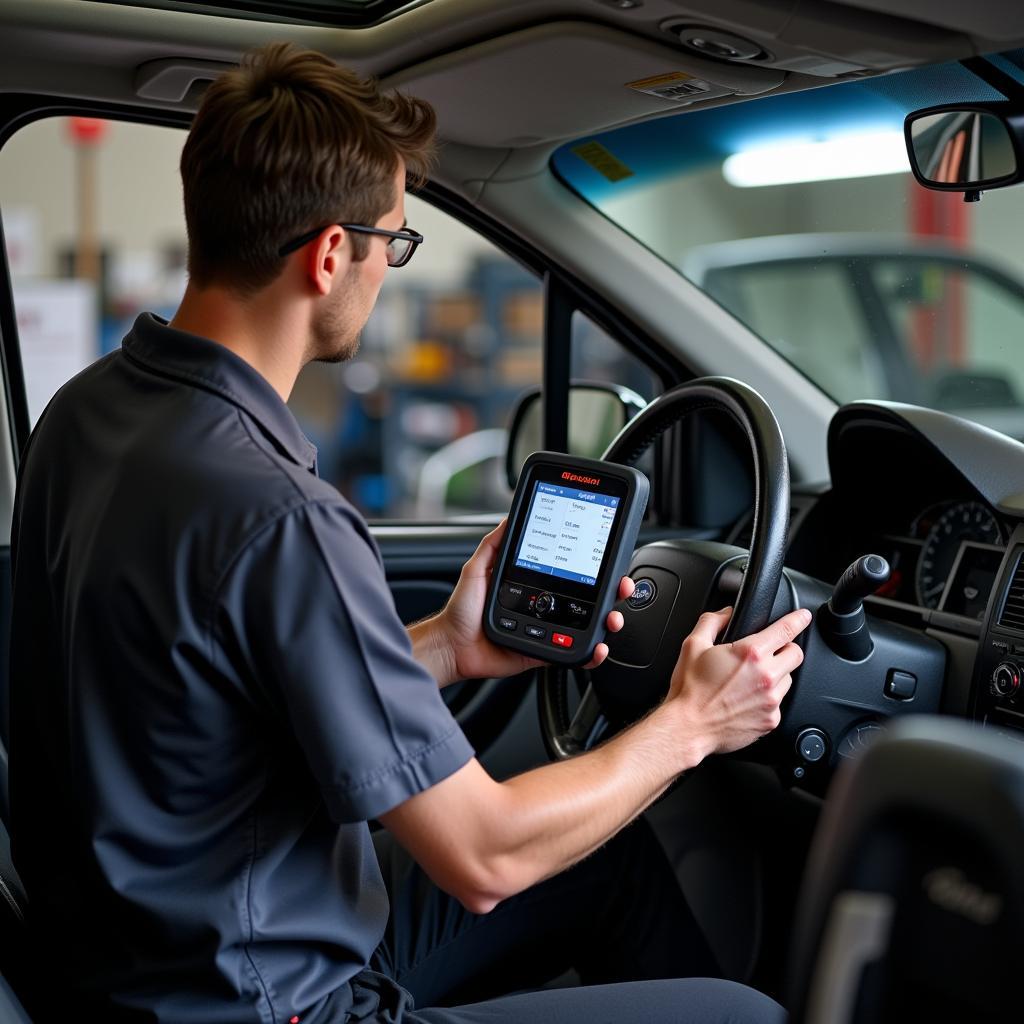 Mechanic Diagnosing a 2004 Ford Escape with an OBD2 Scanner