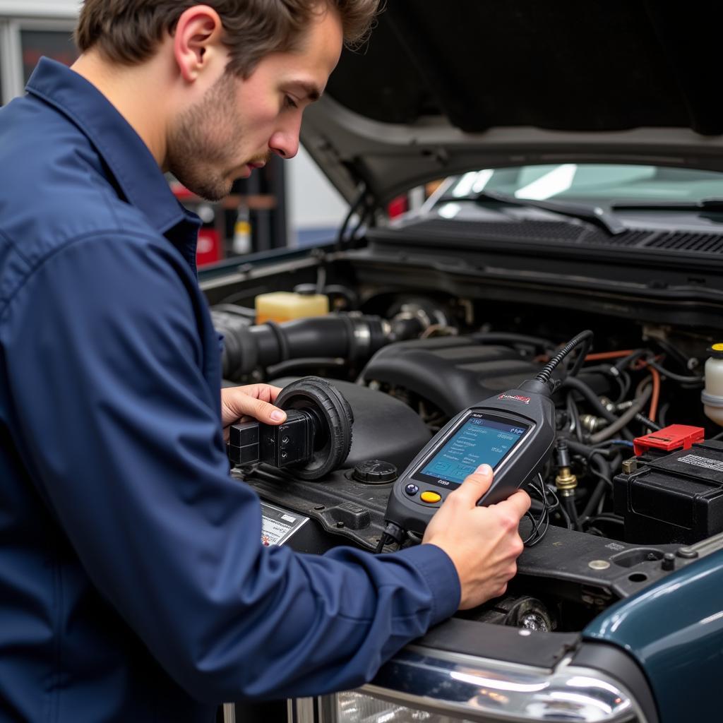 Mechanic Using OBD2 Scanner on Ford F250