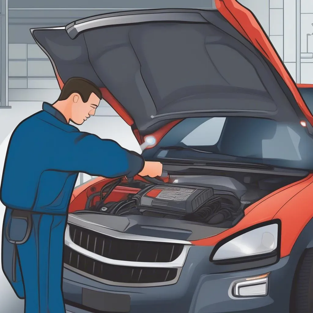 Mechanic Using OBD2 Scanner on GM Car