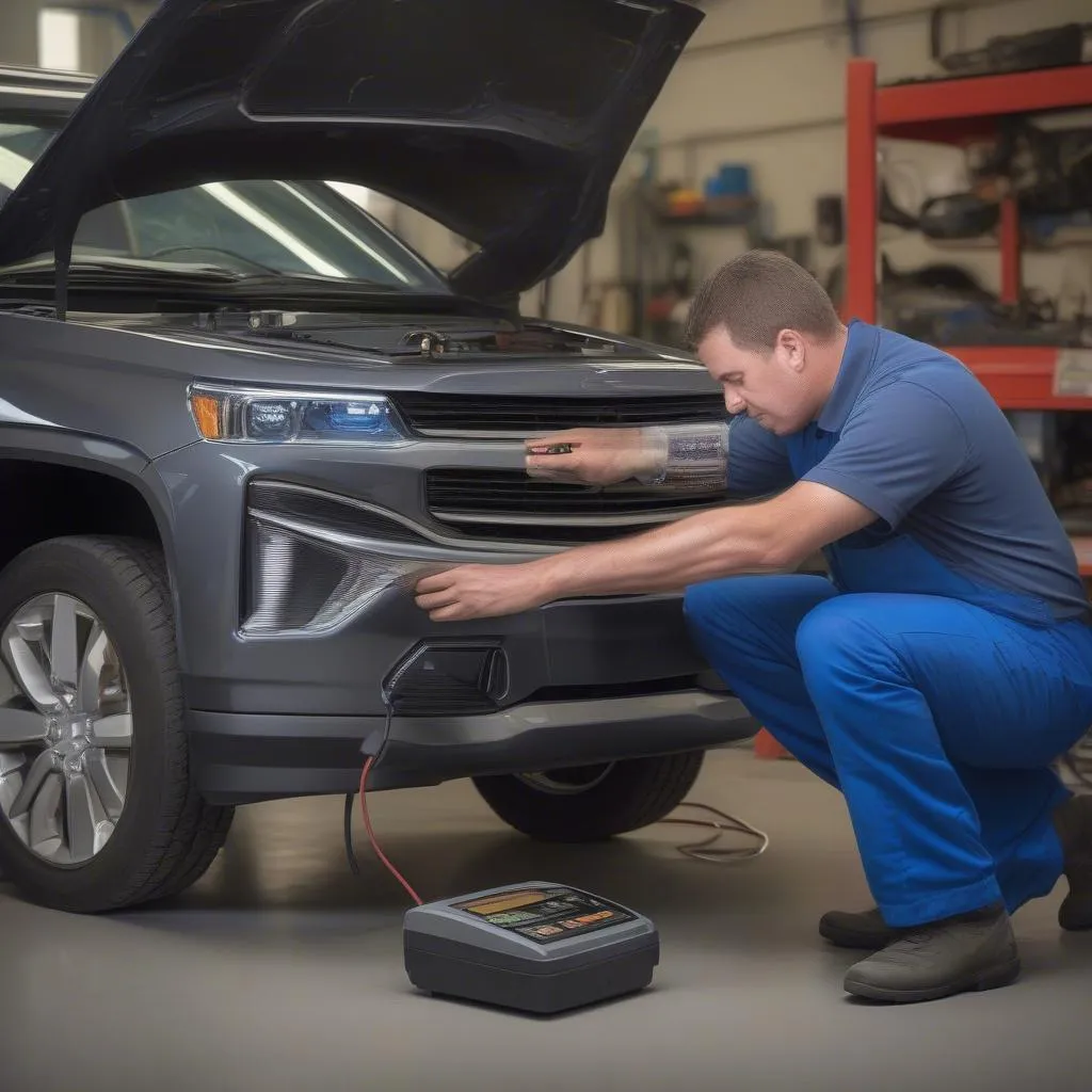 Mechanic Using OBD2 Scanner on a GM Vehicle