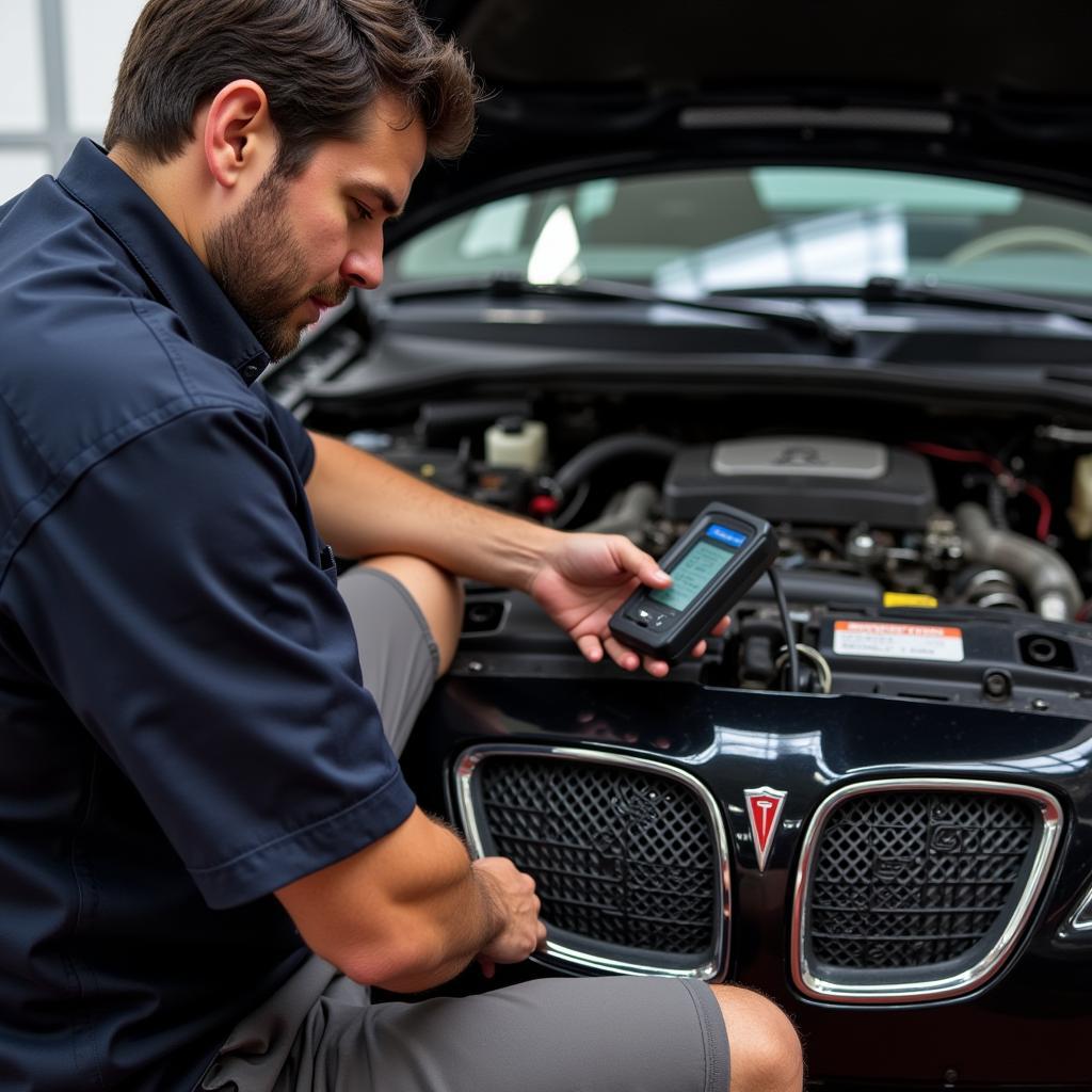 Mechanic Diagnosing a GTO using an OBD2 Scanner