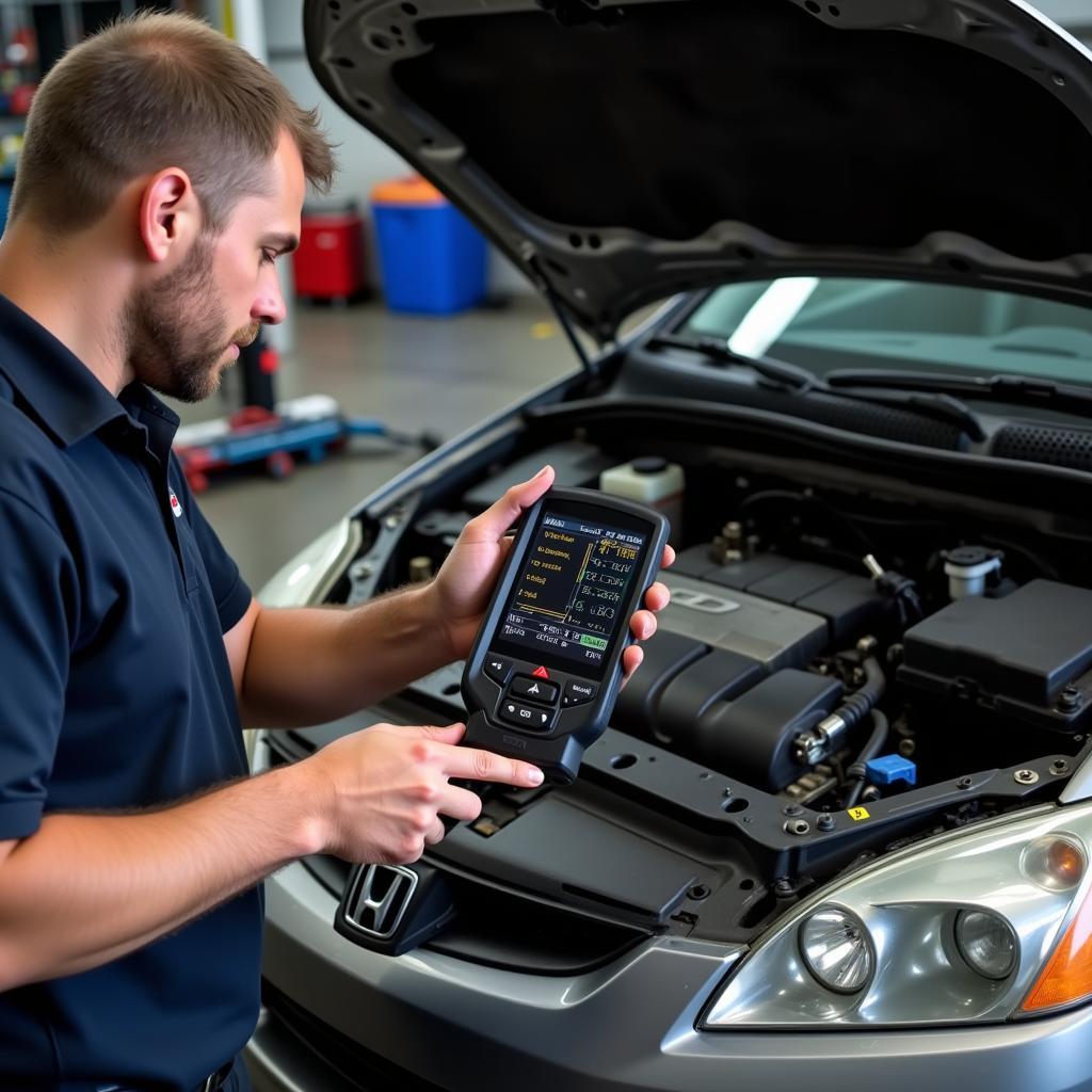 Mechanic Using an OBD2 Scanner on a Honda Accord